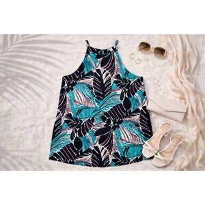 Tyche Tropical Palm Halter Dress L | Teal Resort Cruise Coastal Vacation